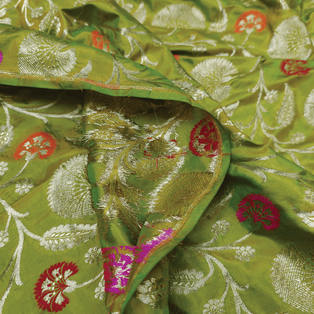 Guljaal-e-Khaalis (Green) – Pure Katan Silk Floral Jaal