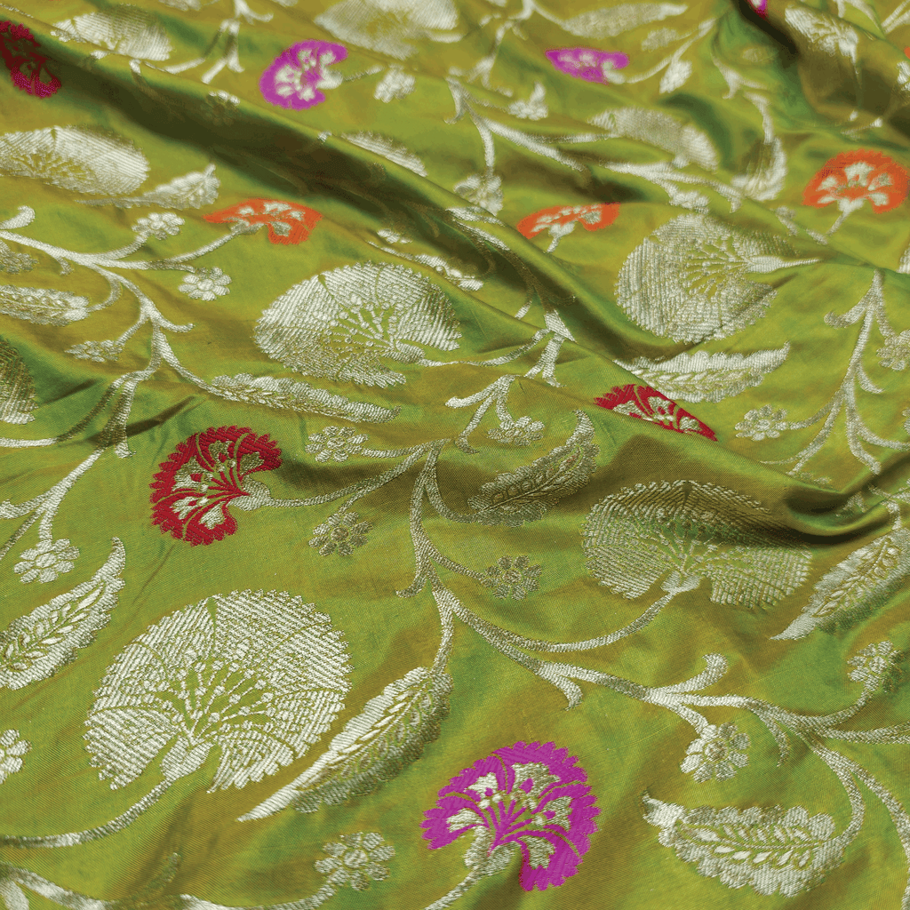 Guljaal-e-Khaalis (Green) – Pure Katan Silk Floral Jaal