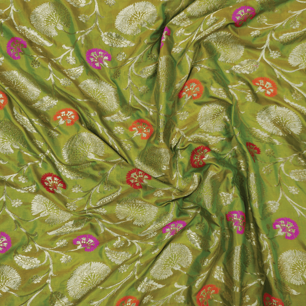 Guljaal-e-Khaalis (Green) – Pure Katan Silk Floral Jaal
