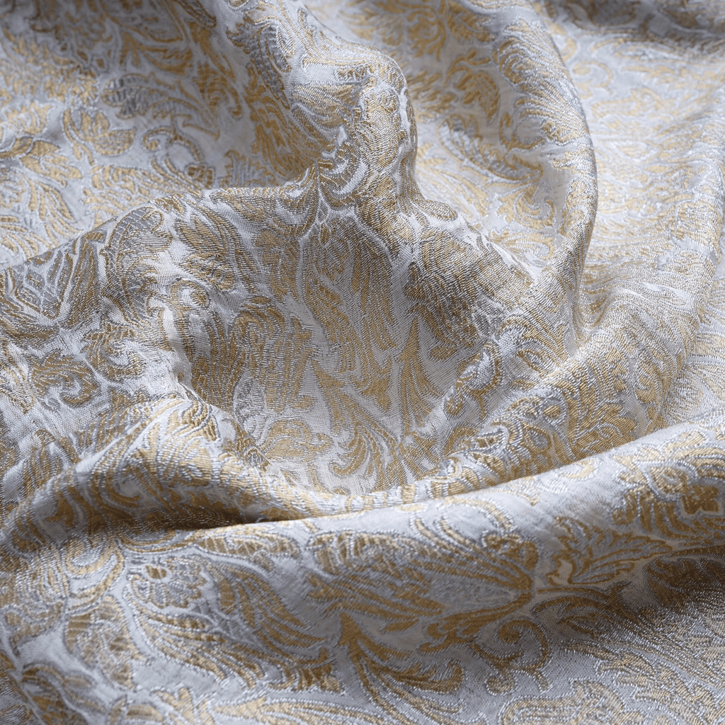 Naqsh-e-Sultaana – Pure Katan Atlas (Mughal Pattern | 3-Color Thread | Golden & Silver Zari) - Zahra Maham