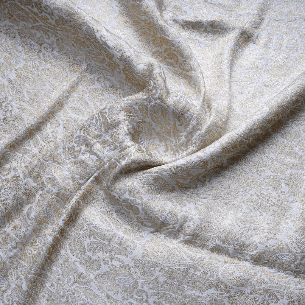 Naqsh-e-Sultaana – Pure Katan Atlas (Mughal Pattern | 3-Color Thread | Golden & Silver Zari) - Zahra Maham