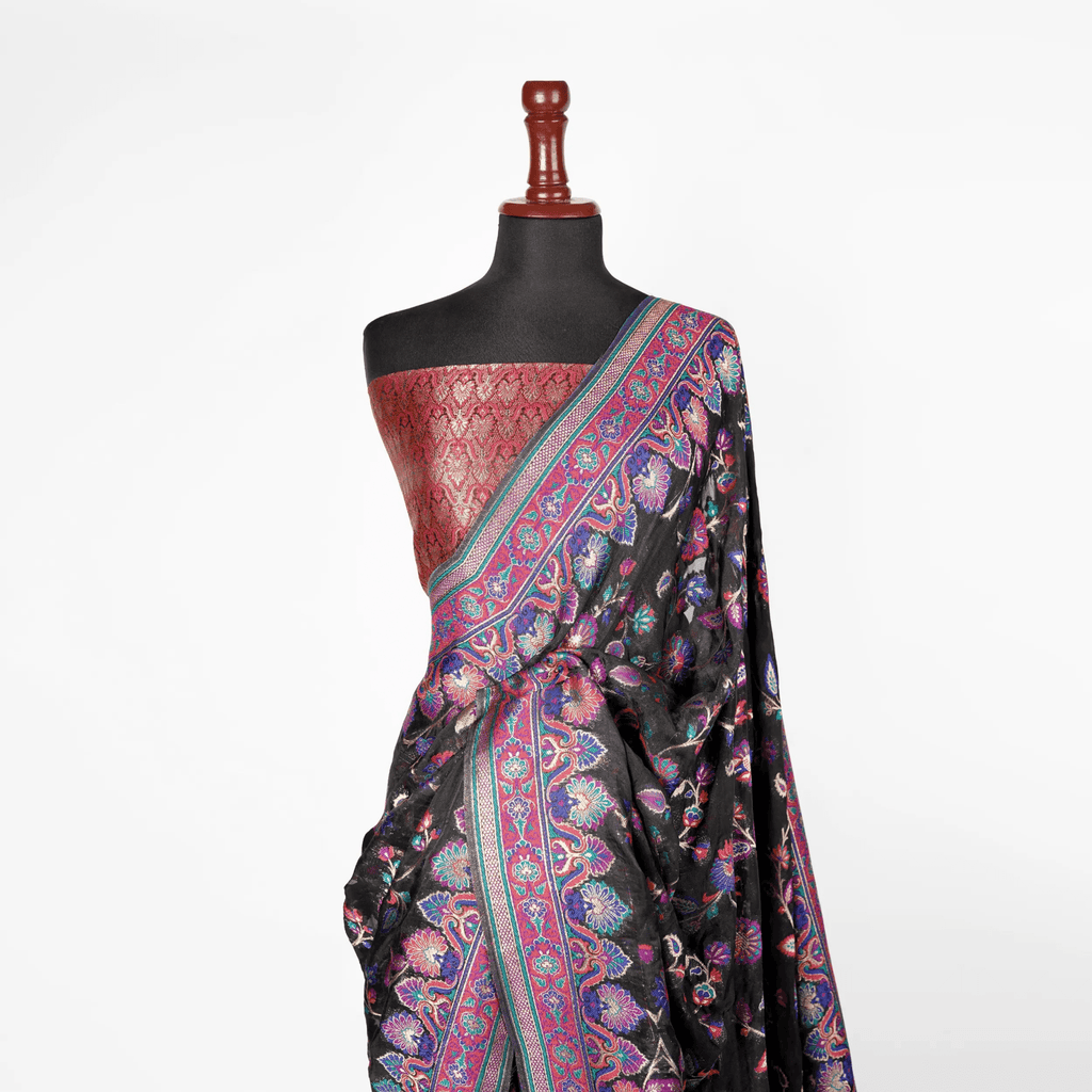 'Noor-e-Siyah' – Floral Jaal & Mughal Border Saree - Zahra Maham