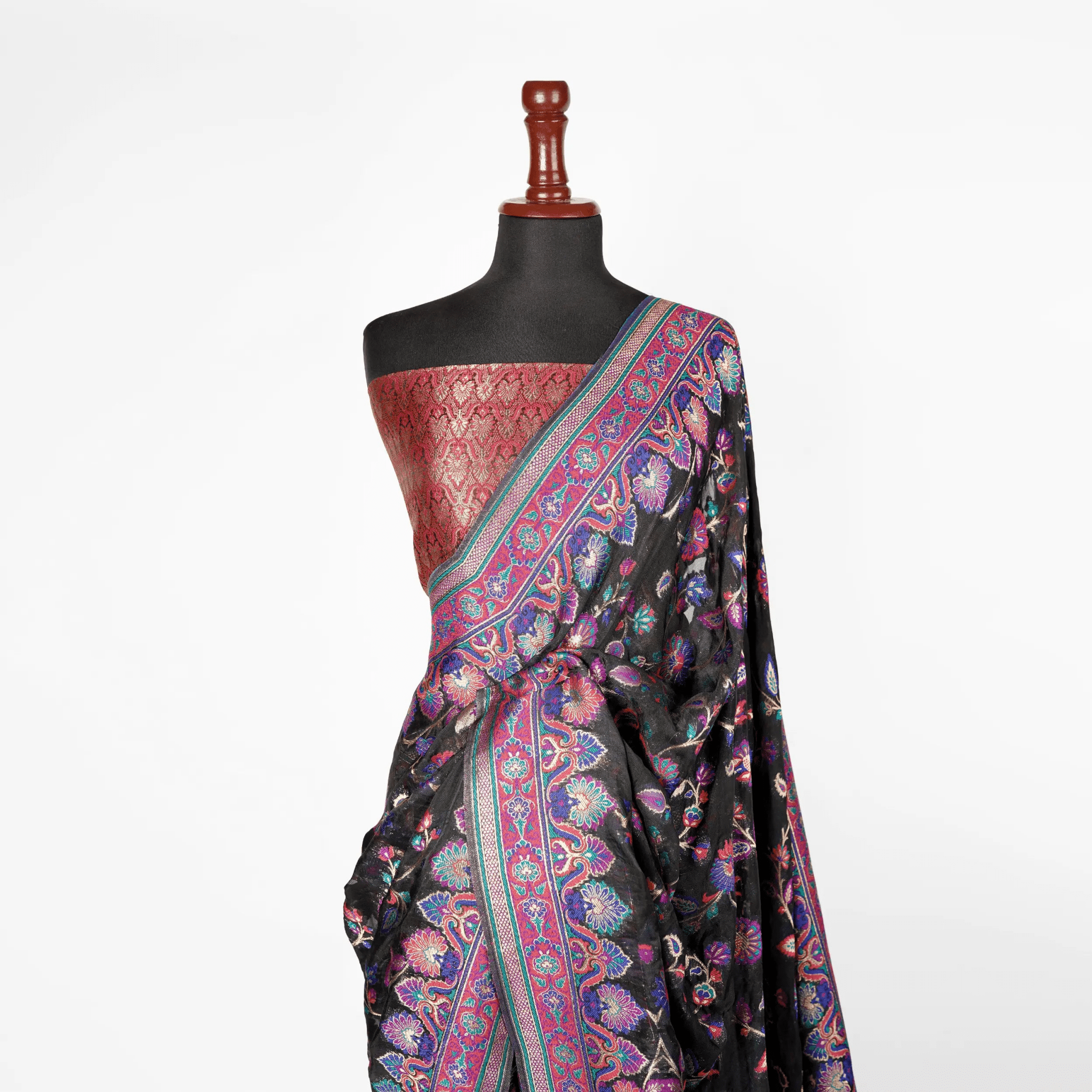 'Noor-e-Siyah' – Floral Jaal & Mughal Border Saree - Zahra Maham