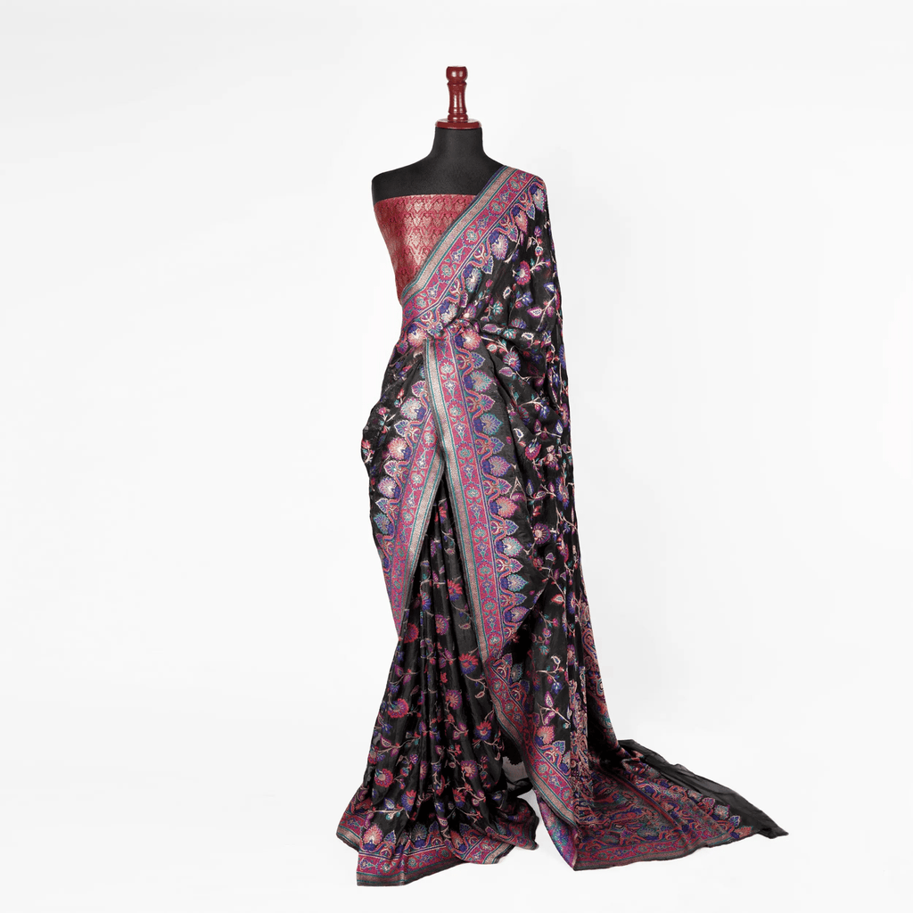 'Noor-e-Siyah' – Floral Jaal & Mughal Border Saree - Zahra Maham