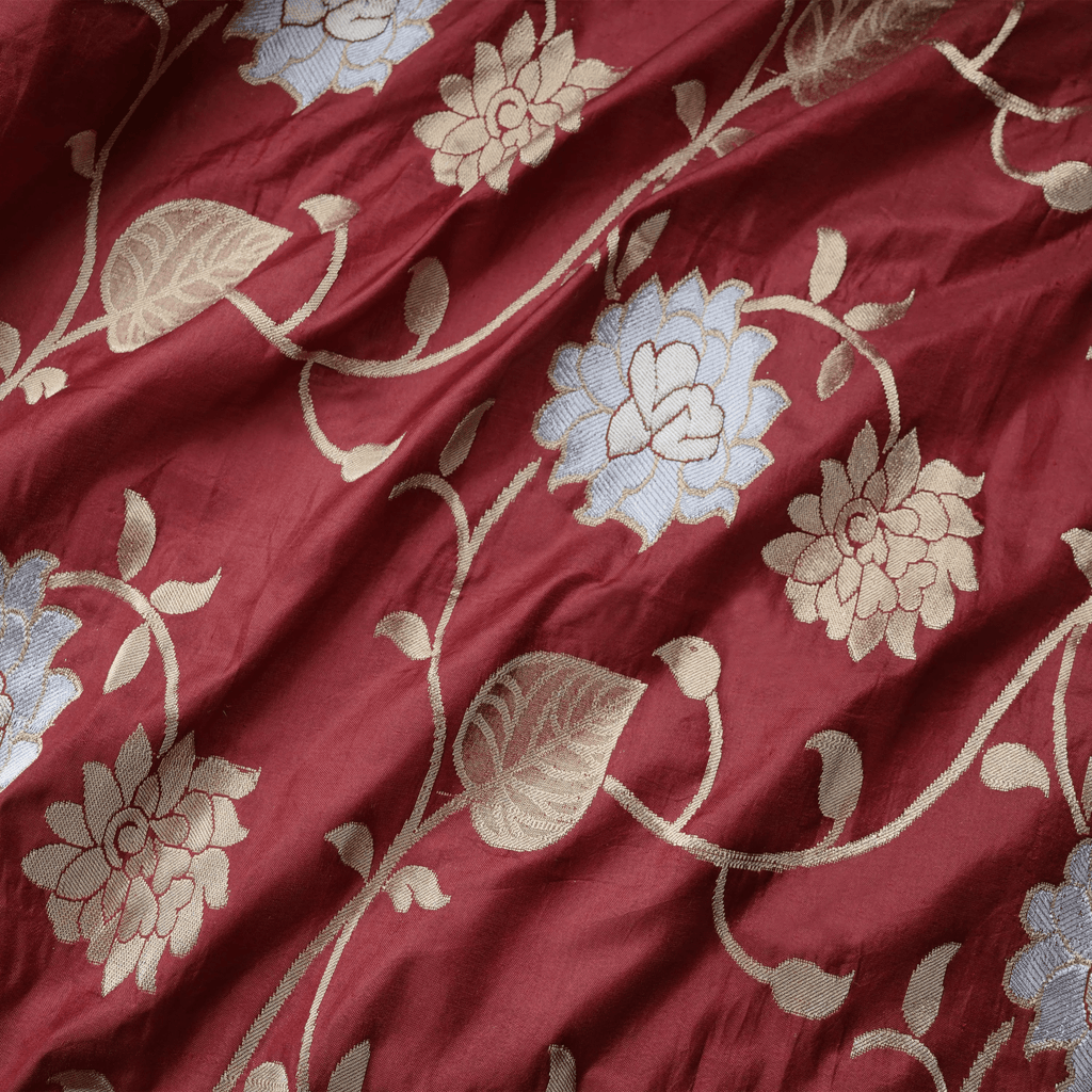 Rang-e-Nafees – Pure Katan Poth (Yarn Dyed | Floral Jaal | 4-Color Thread | Golden & Silver Zari) - Zahra Maham