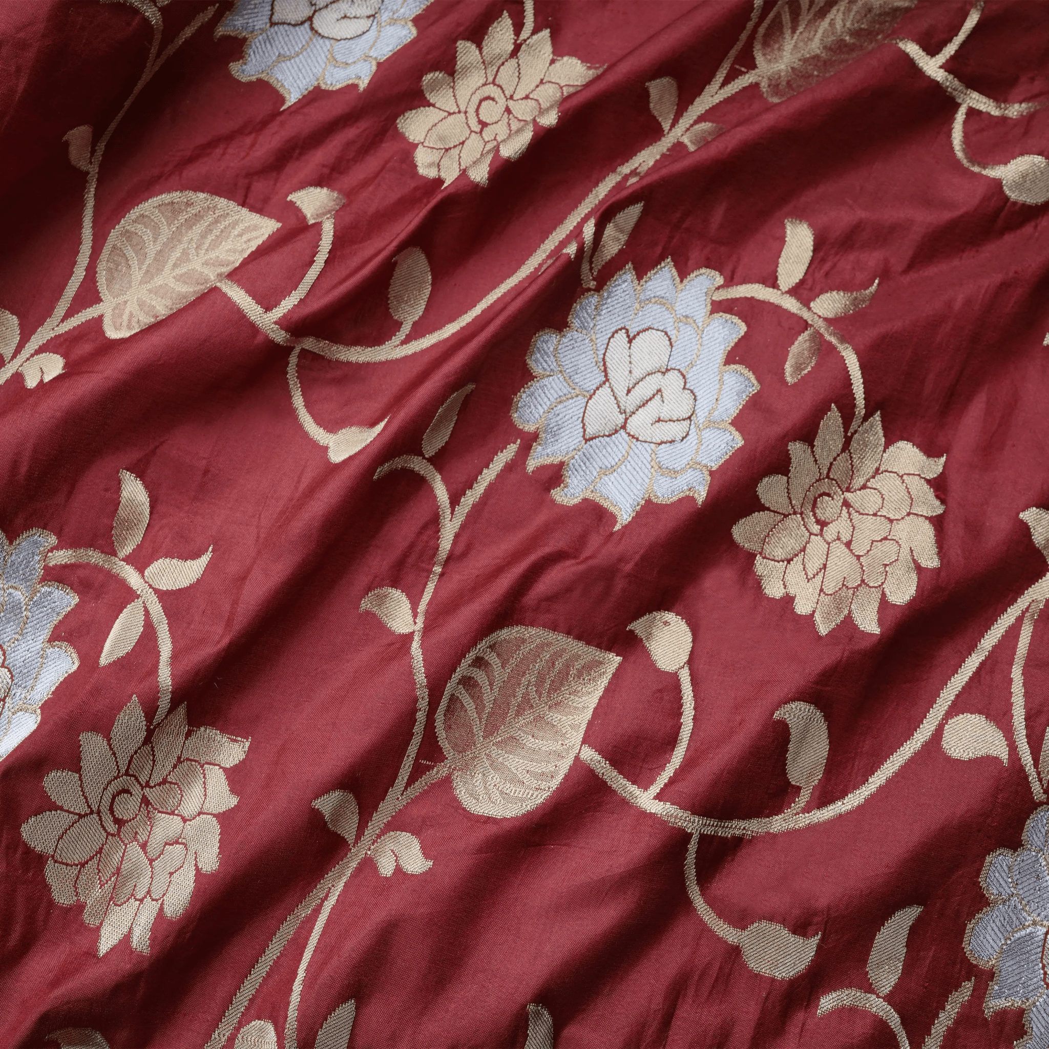 Rang-e-Nafees – Pure Katan Poth (Yarn Dyed | Floral Jaal | 4-Color Thread | Golden & Silver Zari) - Zahra Maham