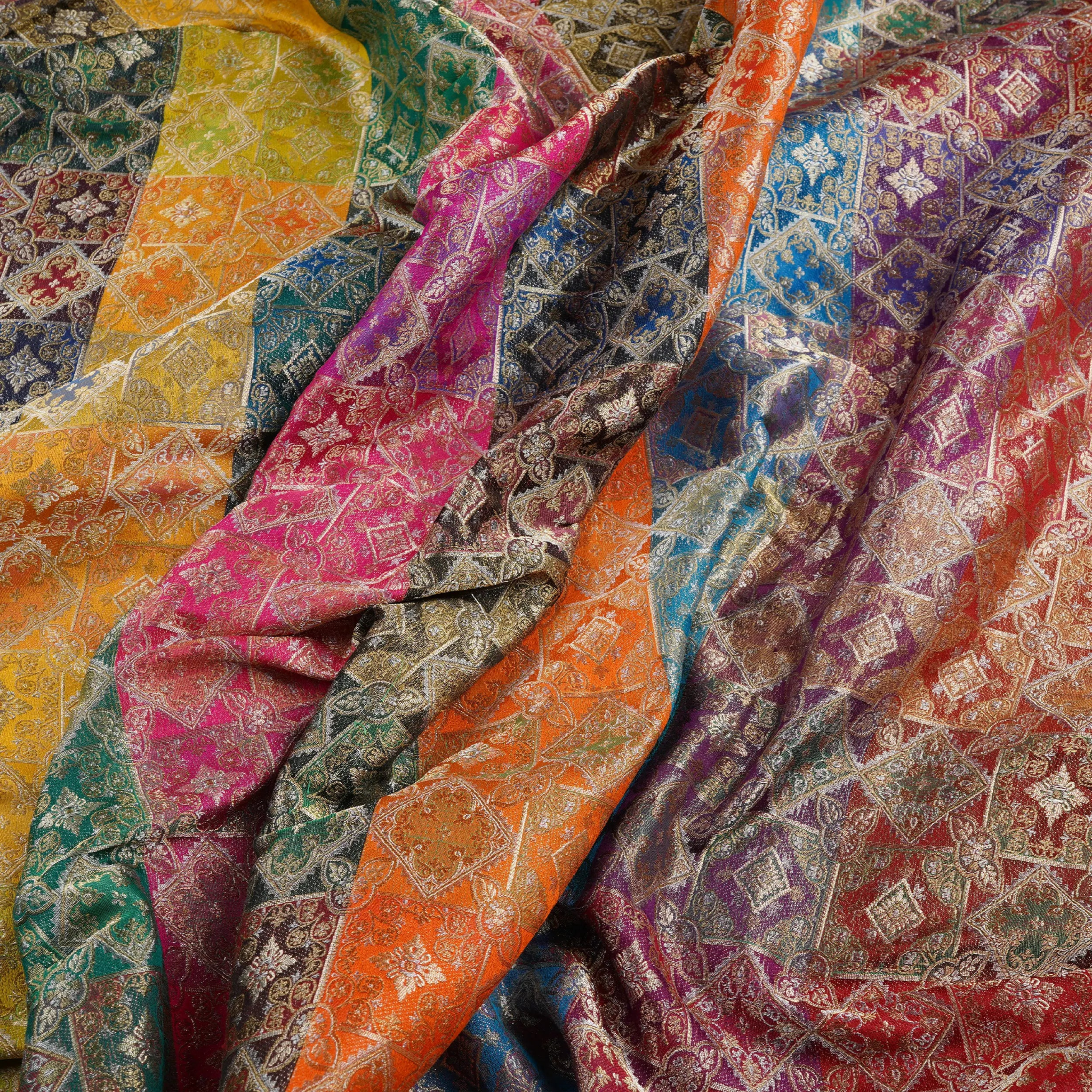 Rangmahal – Pure Katan Satin Multicolor Threads with Gold & Silver Zari (Limited Edition) - Zahra Maham