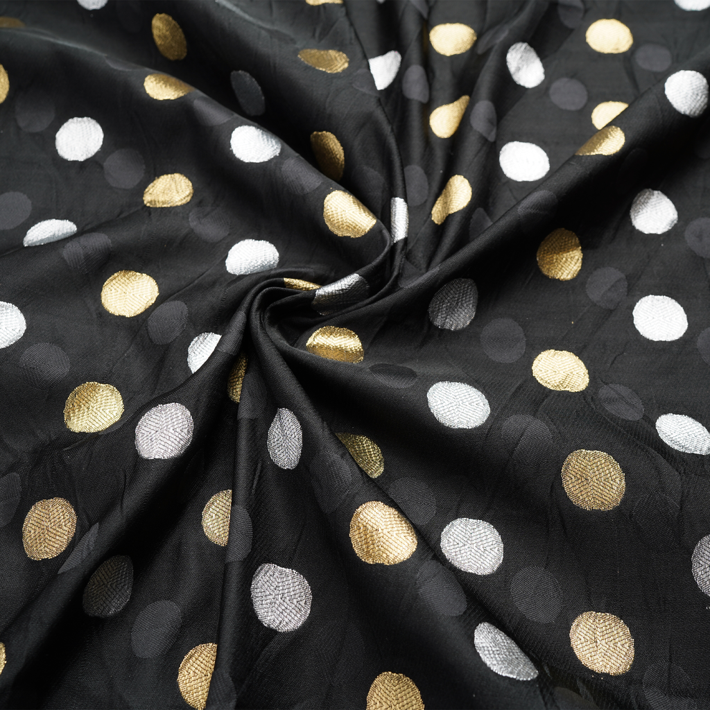 Sikra – Satin Jamawar Fabric with Circular Coin Motif (Golden & Silver Zari)