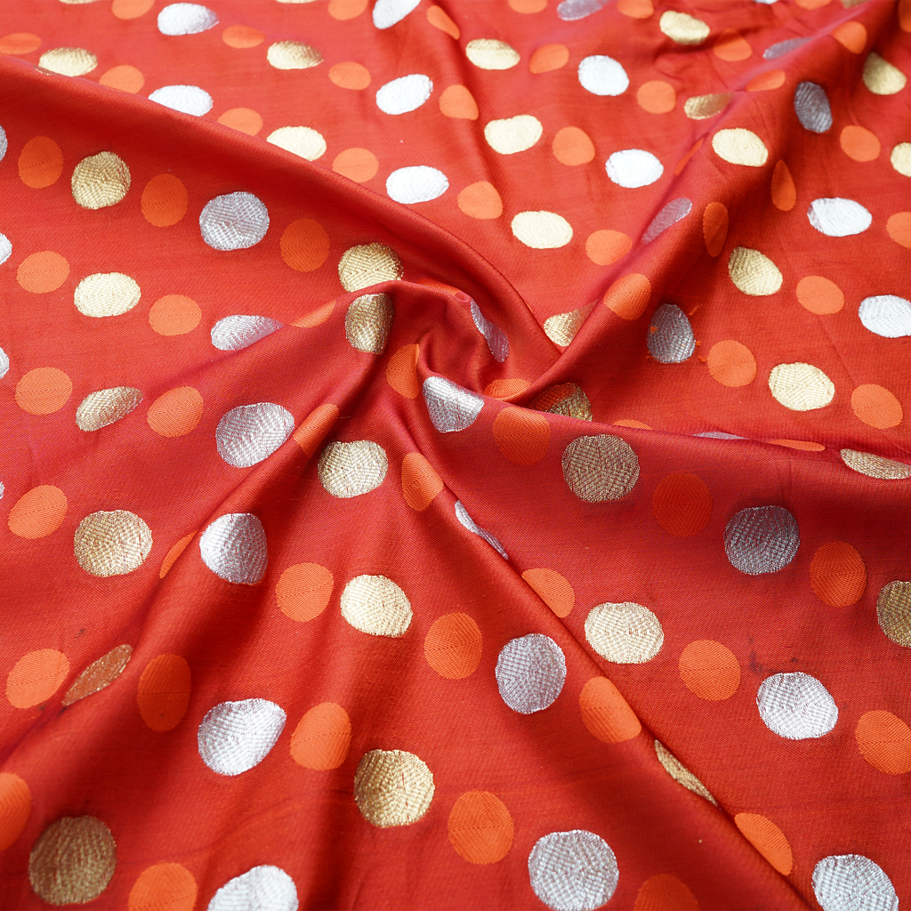 Sikra – Satin Jamawar Fabric with Circular Coin Motif (Golden & Silver Zari)