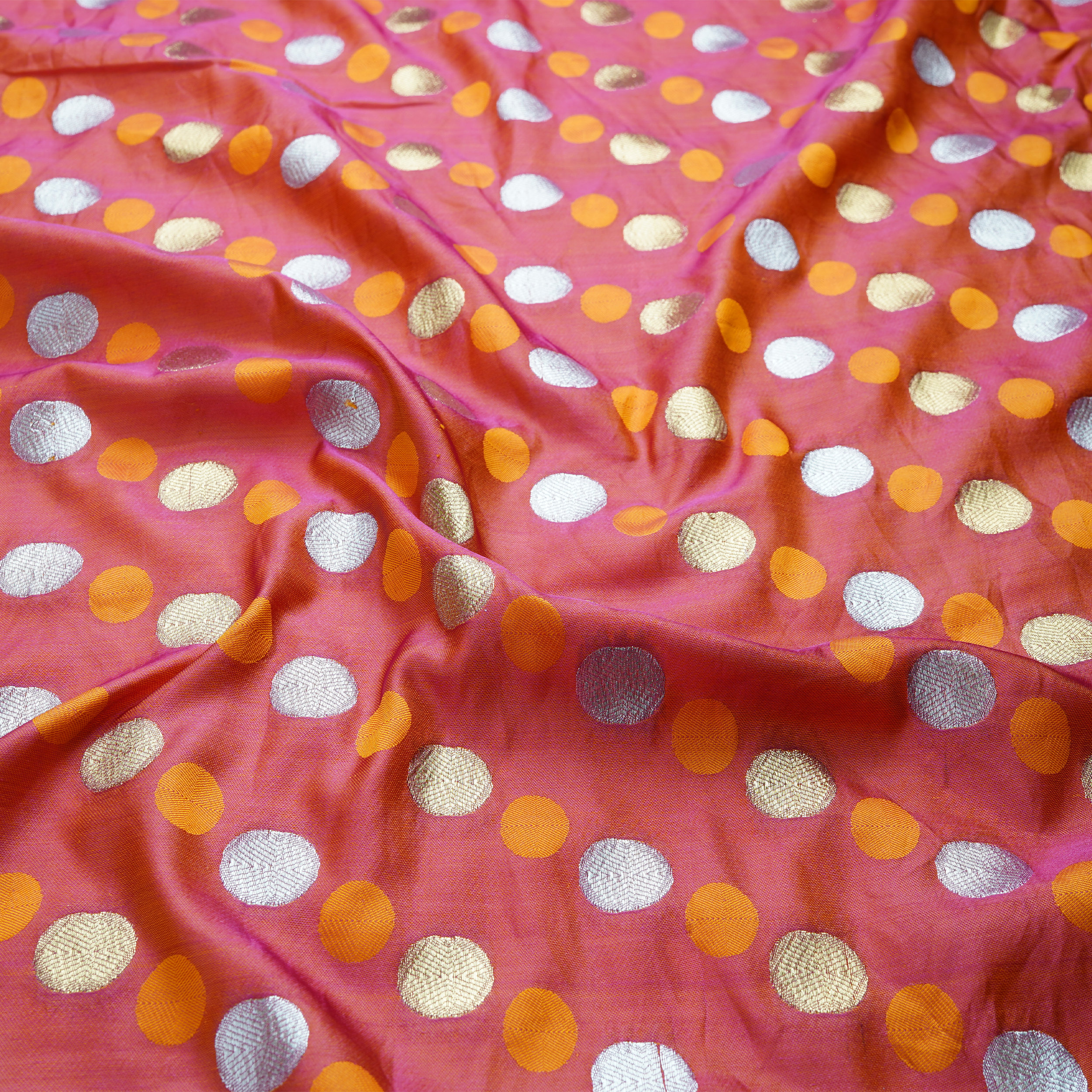 Sikra – Satin Jamawar Fabric with Circular Coin Motif (Golden & Silver Zari)