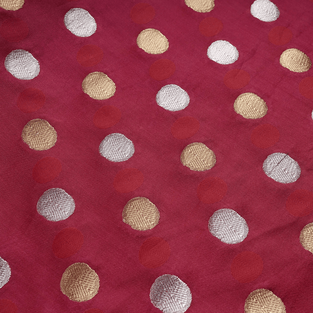 Sikra – Satin Jamawar Fabric with Circular Coin Motif (Golden & Silver Zari) - Zahra Maham
