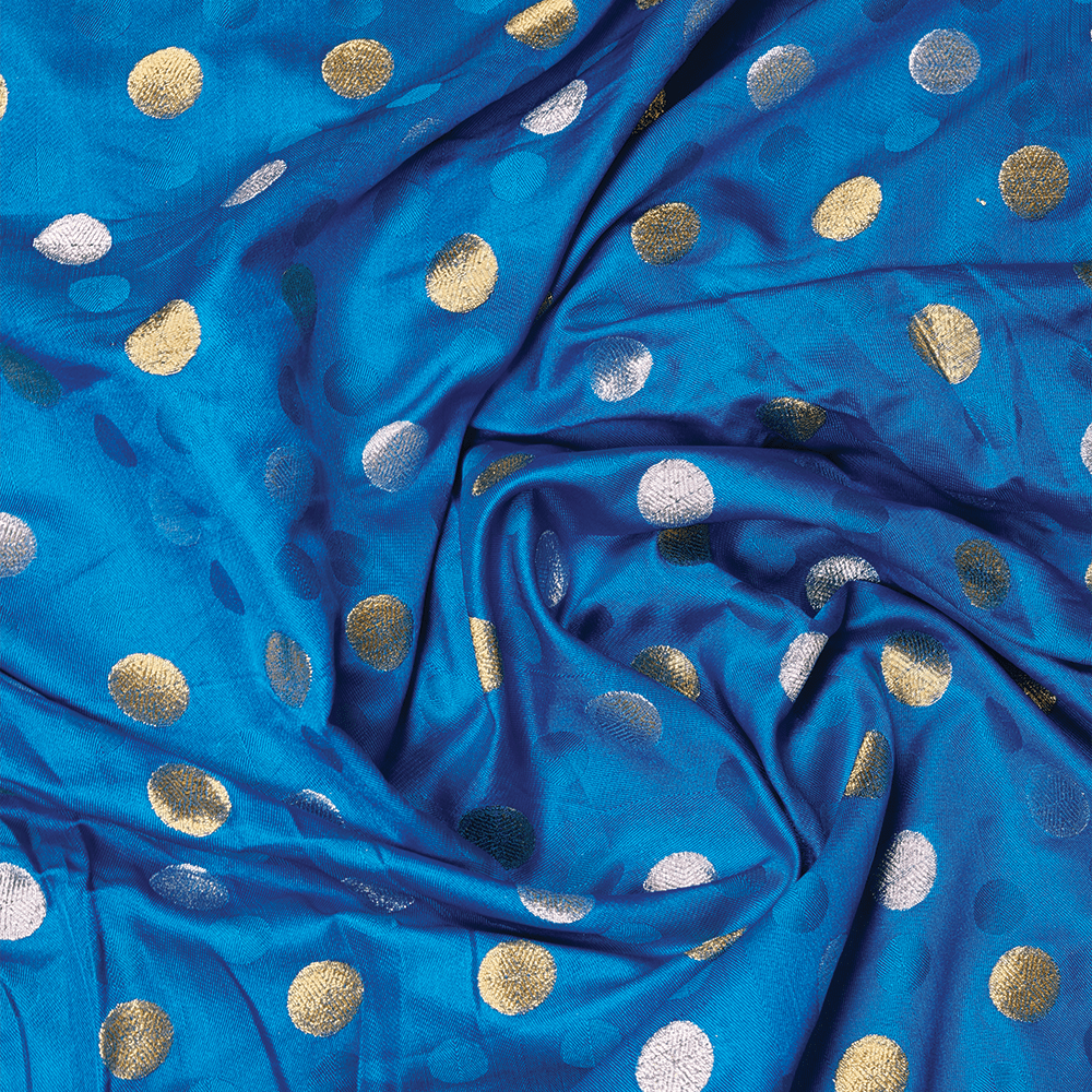 Sikra – Satin Jamawar Fabric with Circular Coin Motif (Golden & Silver Zari) - Zahra Maham