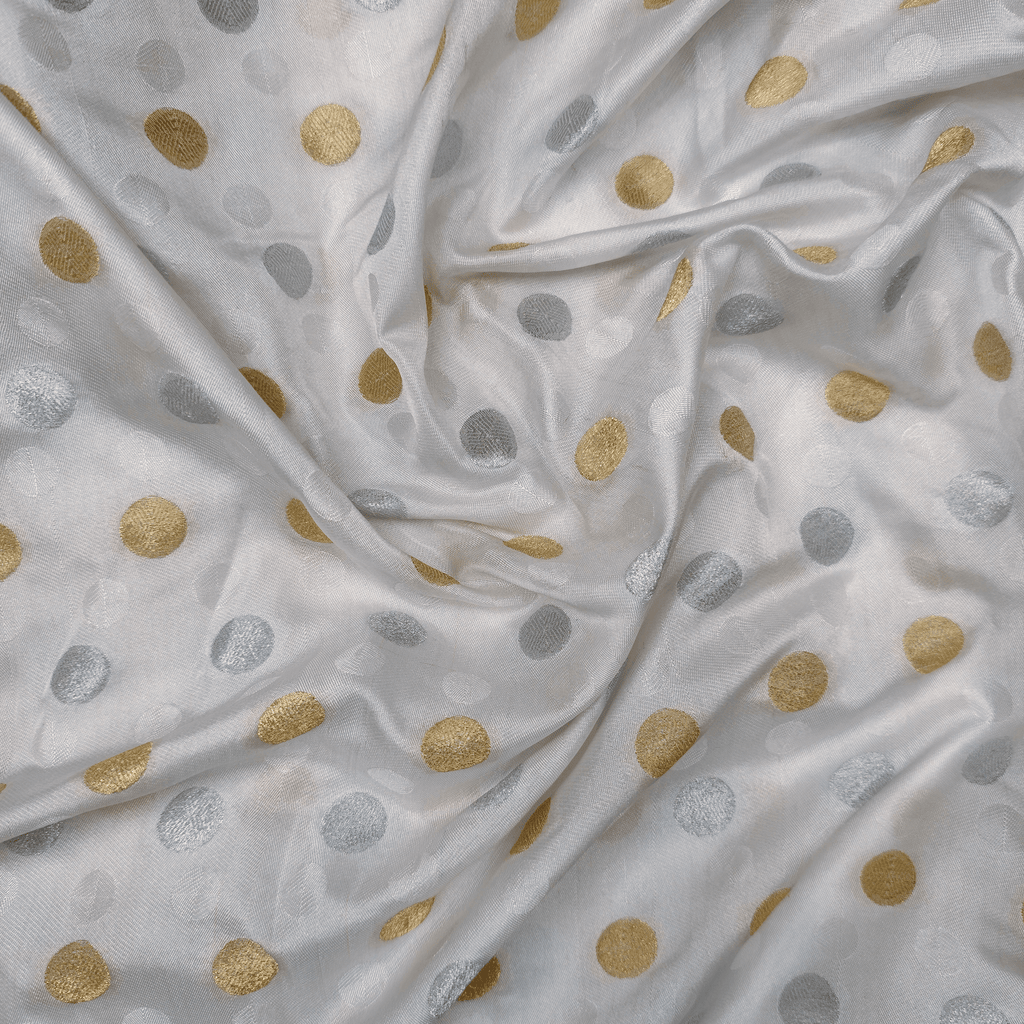 Sikra – Satin Jamawar Fabric with Circular Coin Motif (Golden & Silver Zari) - Zahra Maham