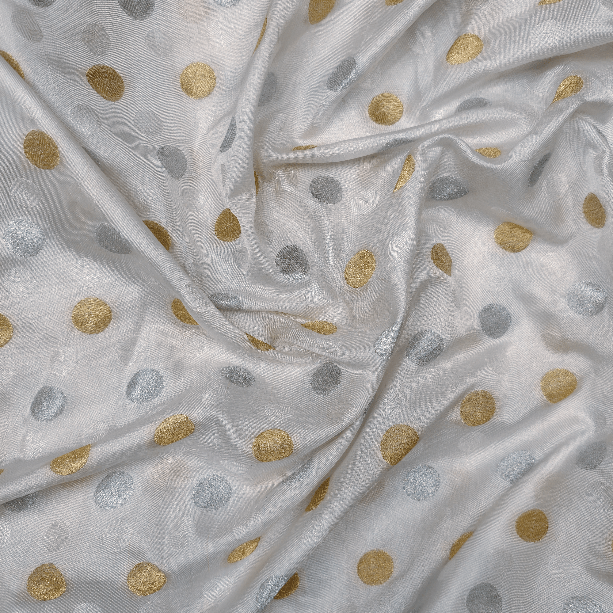 Sikra – Satin Jamawar Fabric with Circular Coin Motif (Golden & Silver Zari) - Zahra Maham