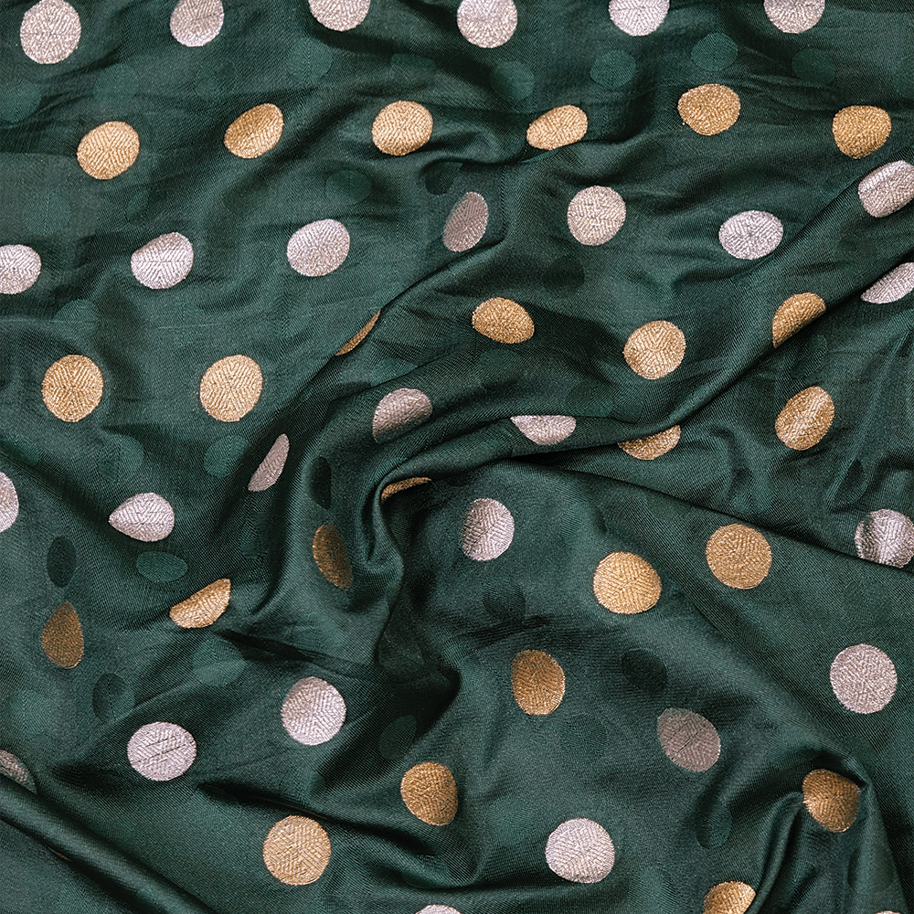Sikra – Satin Jamawar Fabric with Circular Coin Motif (Golden & Silver Zari) - Zahra Maham