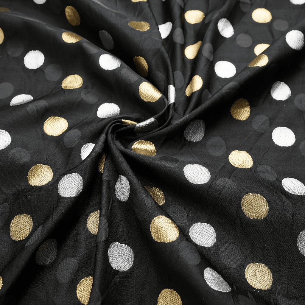 Sikra – Satin Jamawar Fabric with Circular Coin Motif (Golden & Silver Zari) - Zahra Maham