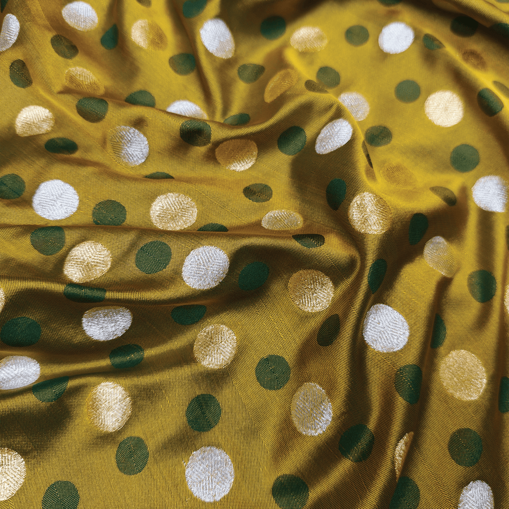 Sikra – Satin Jamawar Fabric with Circular Coin Motif (Golden & Silver Zari) - Zahra Maham