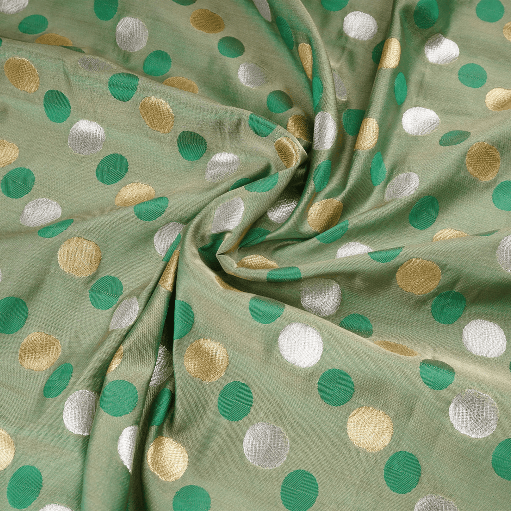 Sikra – Satin Jamawar Fabric with Circular Coin Motif (Golden & Silver Zari) - Zahra Maham
