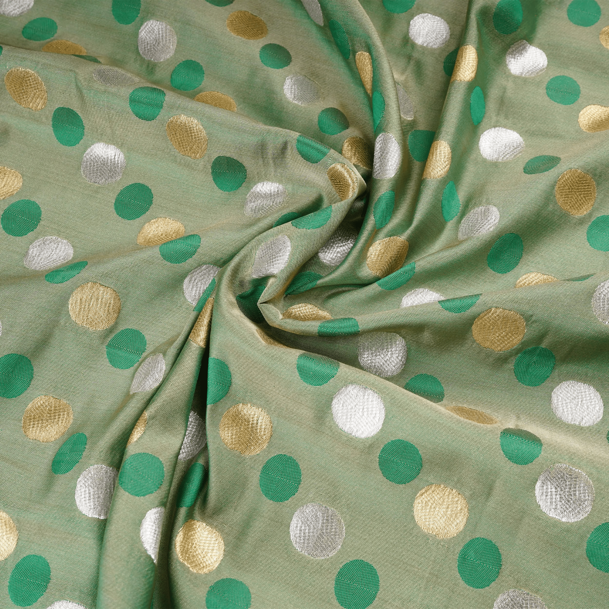 Sikra – Satin Jamawar Fabric with Circular Coin Motif (Golden & Silver Zari) - Zahra Maham