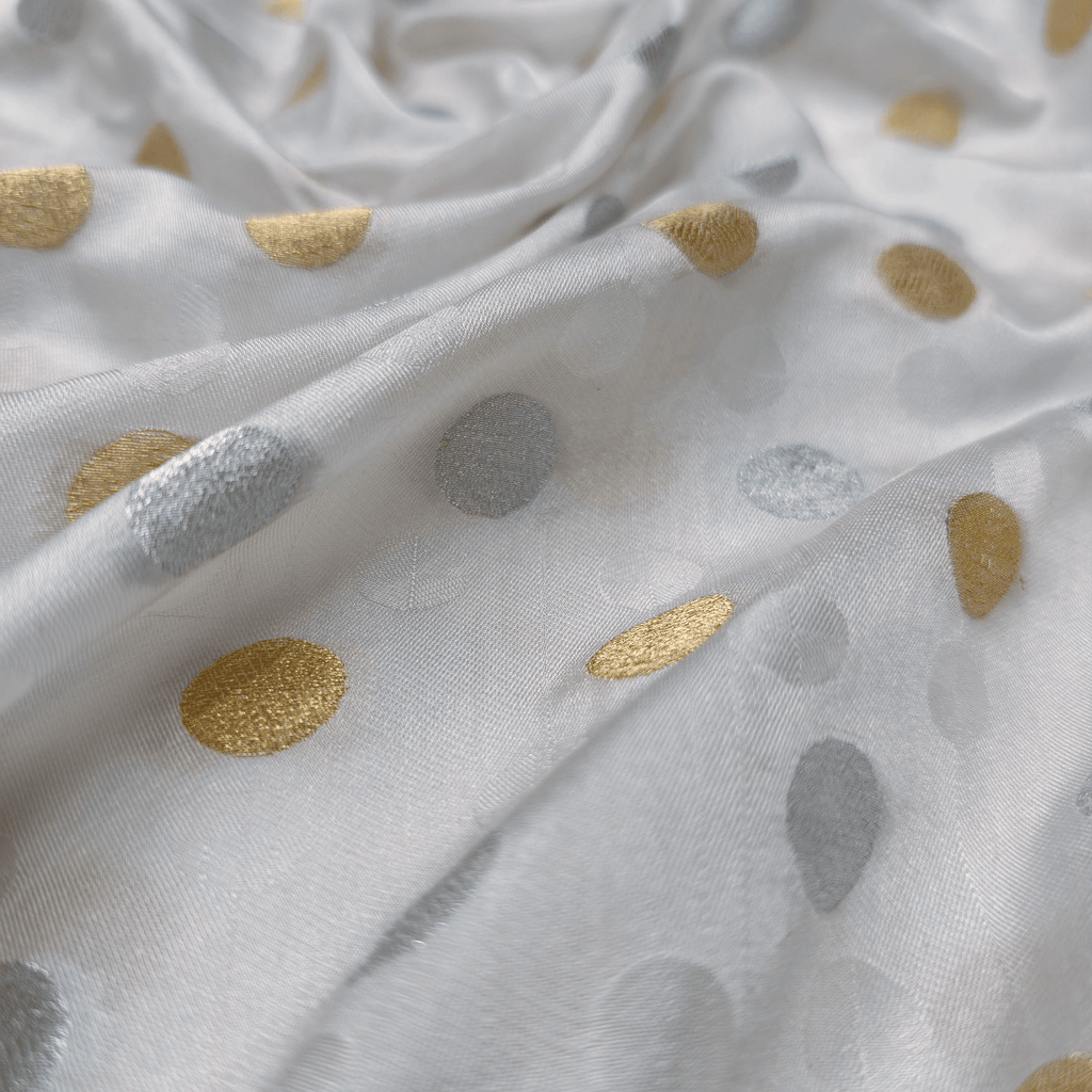 Sikra – Satin Jamawar Fabric with Circular Coin Motif (Golden & Silver Zari) - Zahra Maham