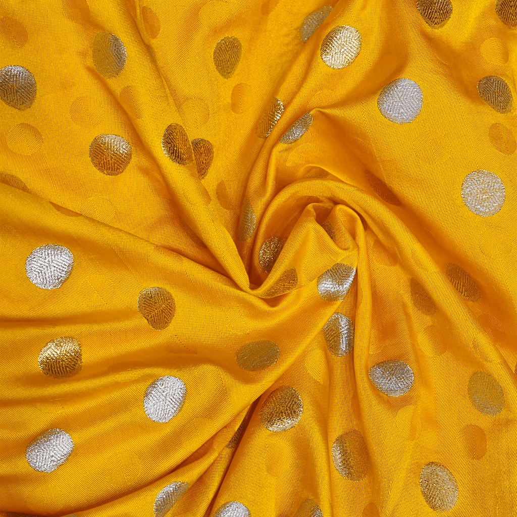 Sikra – Satin Jamawar Fabric with Circular Coin Motif (Golden & Silver Zari) - Zahra Maham