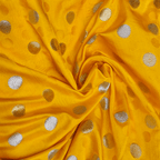 Sikra – Satin Jamawar Fabric with Circular Coin Motif (Golden & Silver Zari) - Zahra Maham