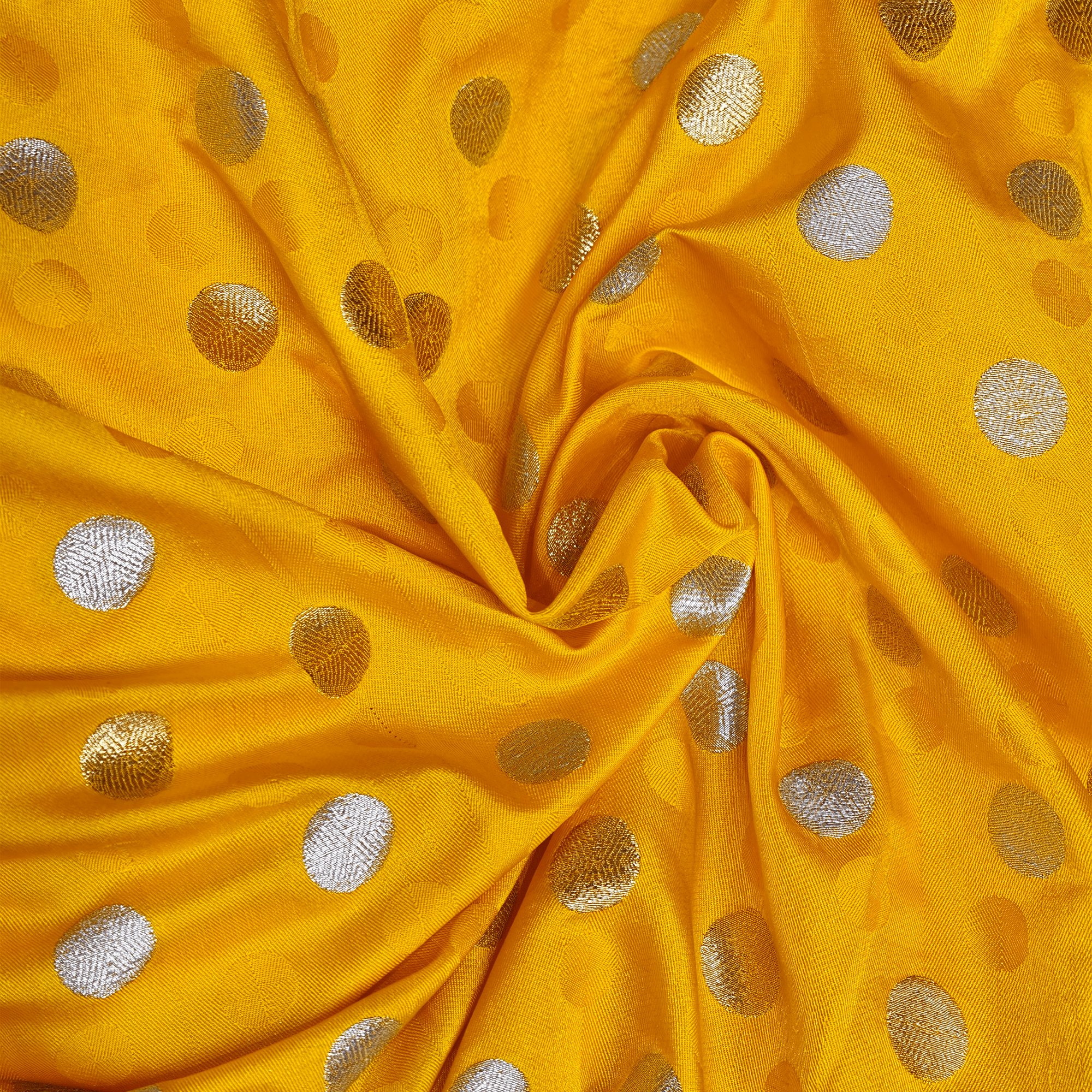 Sikra – Satin Jamawar Fabric with Circular Coin Motif (Golden & Silver Zari) - Zahra Maham