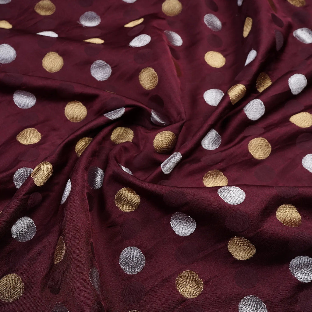 Sikra – Satin Jamawar Fabric with Circular Coin Motif (Golden & Silver Zari) - Zahra Maham