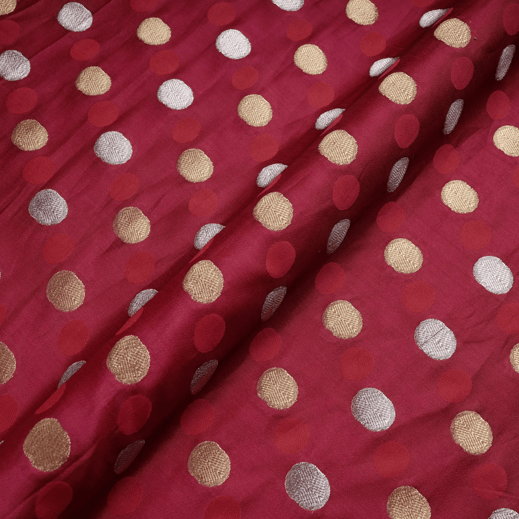 Sikra – Satin Jamawar Fabric with Circular Coin Motif (Golden & Silver Zari) - Zahra Maham