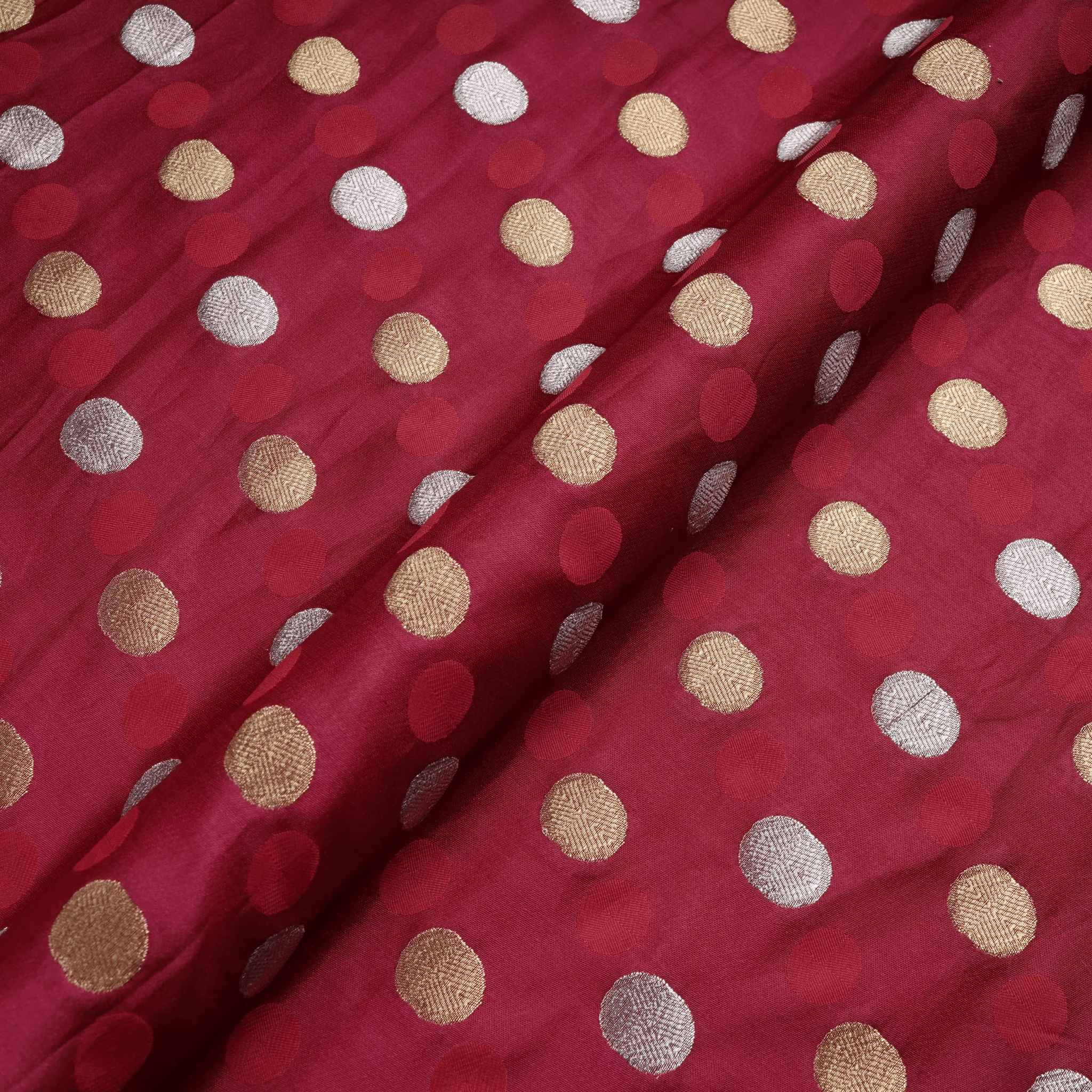 Sikra – Satin Jamawar Fabric with Circular Coin Motif (Golden & Silver Zari) - Zahra Maham