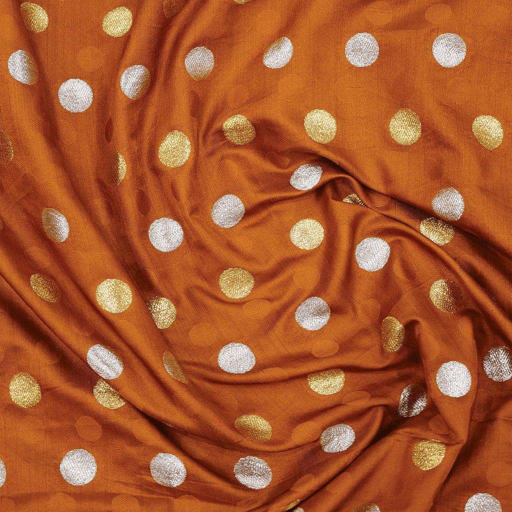 Sikra – Satin Jamawar Fabric with Circular Coin Motif (Golden & Silver Zari) - Zahra Maham