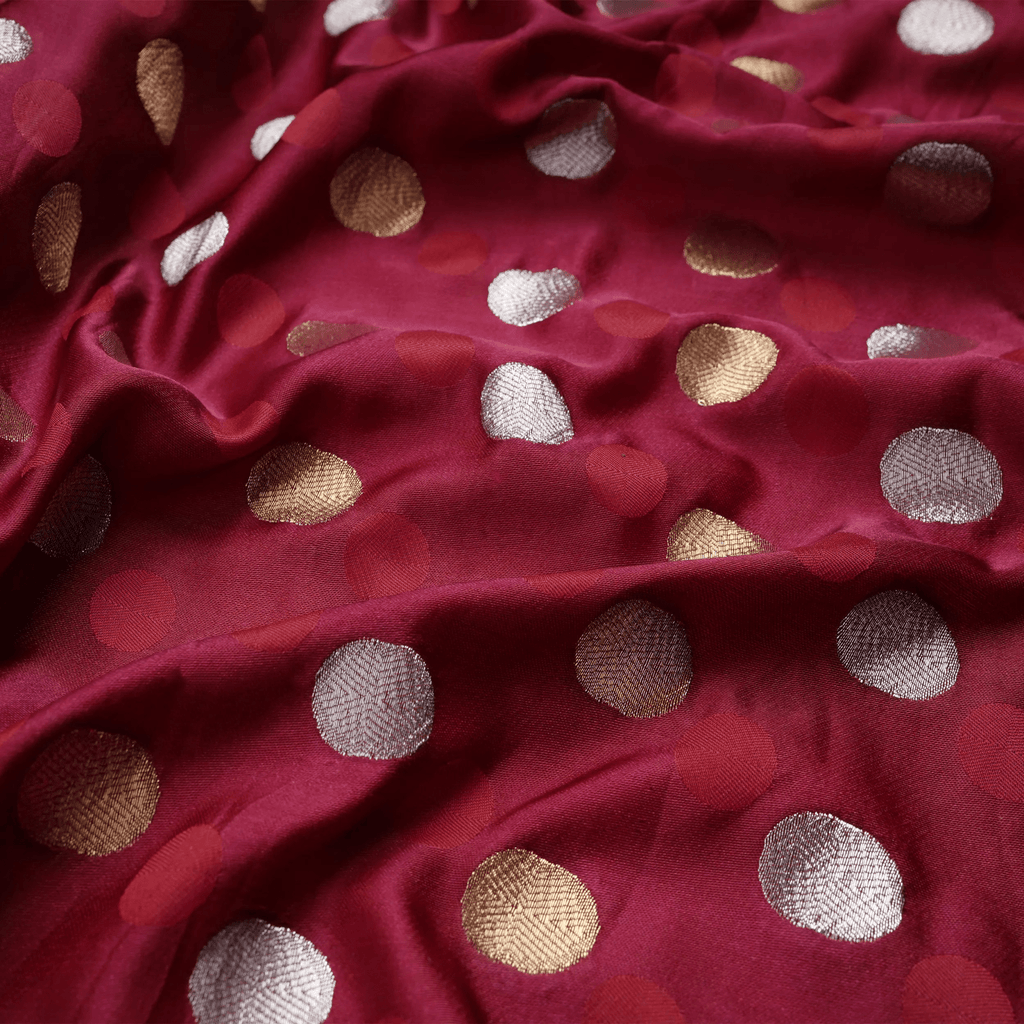 Sikra – Satin Jamawar Fabric with Circular Coin Motif (Golden & Silver Zari) - Zahra Maham