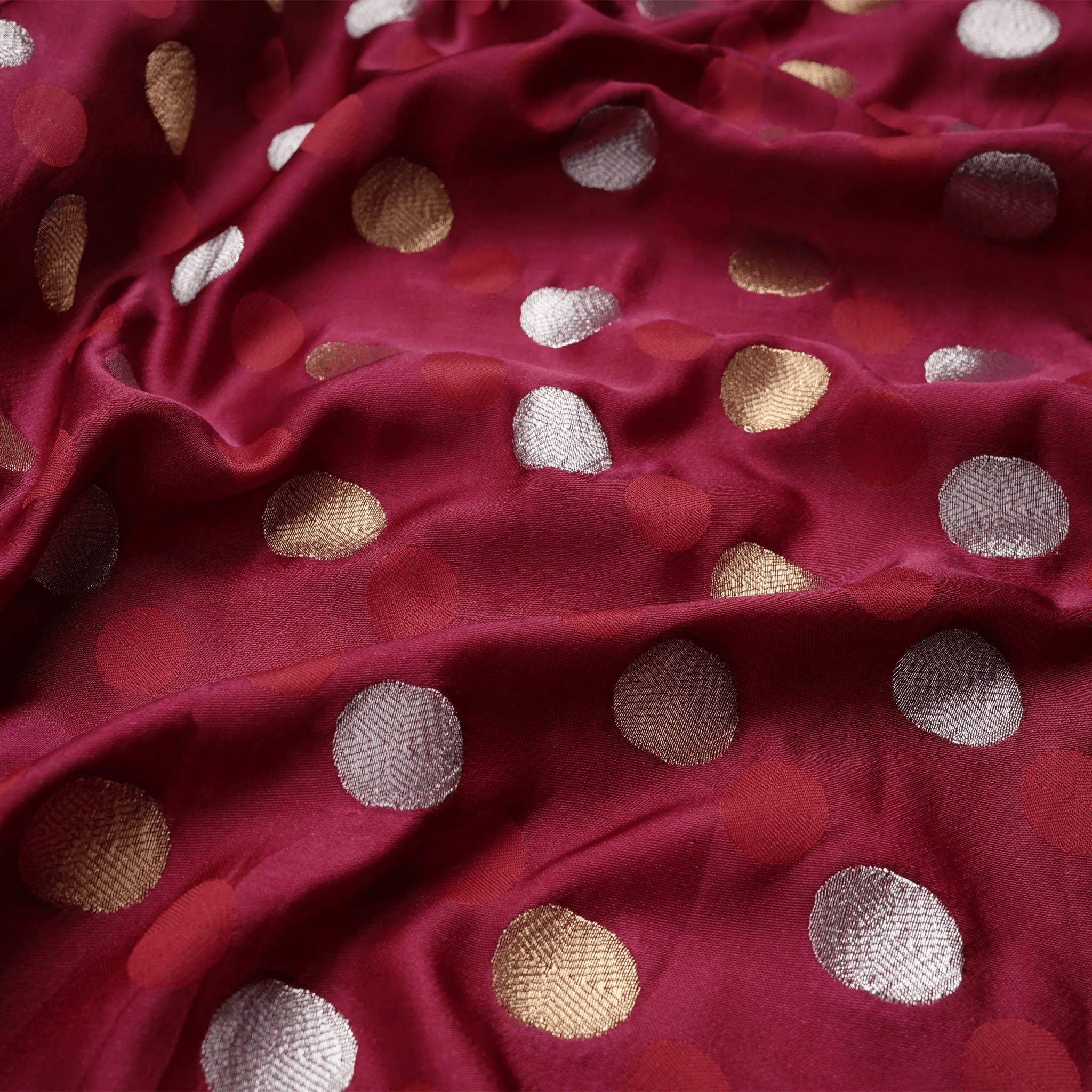 Sikra – Satin Jamawar Fabric with Circular Coin Motif (Golden & Silver Zari) - Zahra Maham