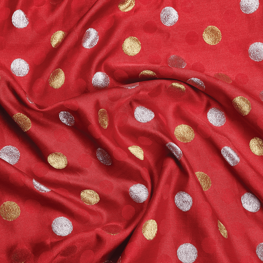 Sikra – Satin Jamawar Fabric with Circular Coin Motif (Golden & Silver Zari) - Zahra Maham