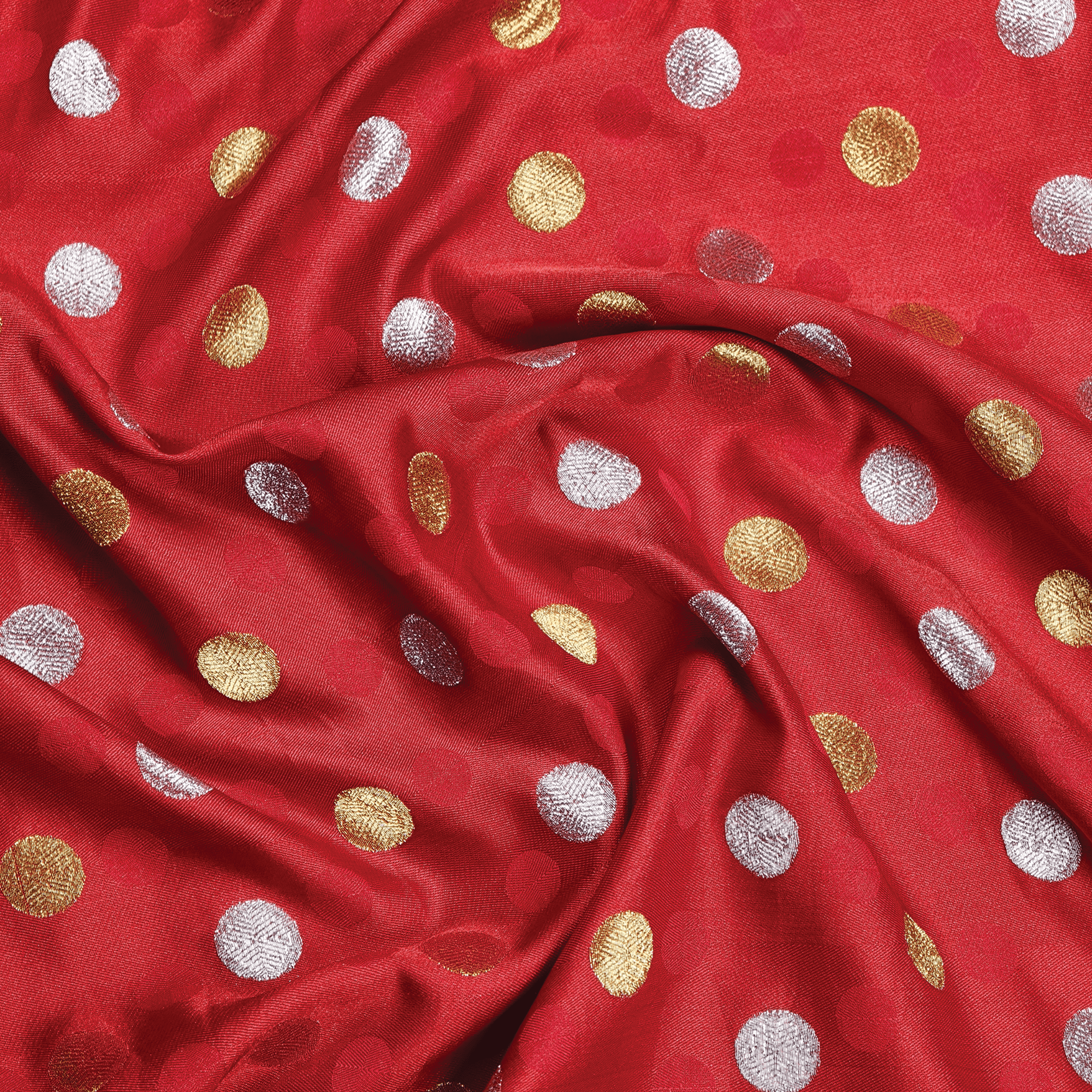 Sikra – Satin Jamawar Fabric with Circular Coin Motif (Golden & Silver Zari) - Zahra Maham