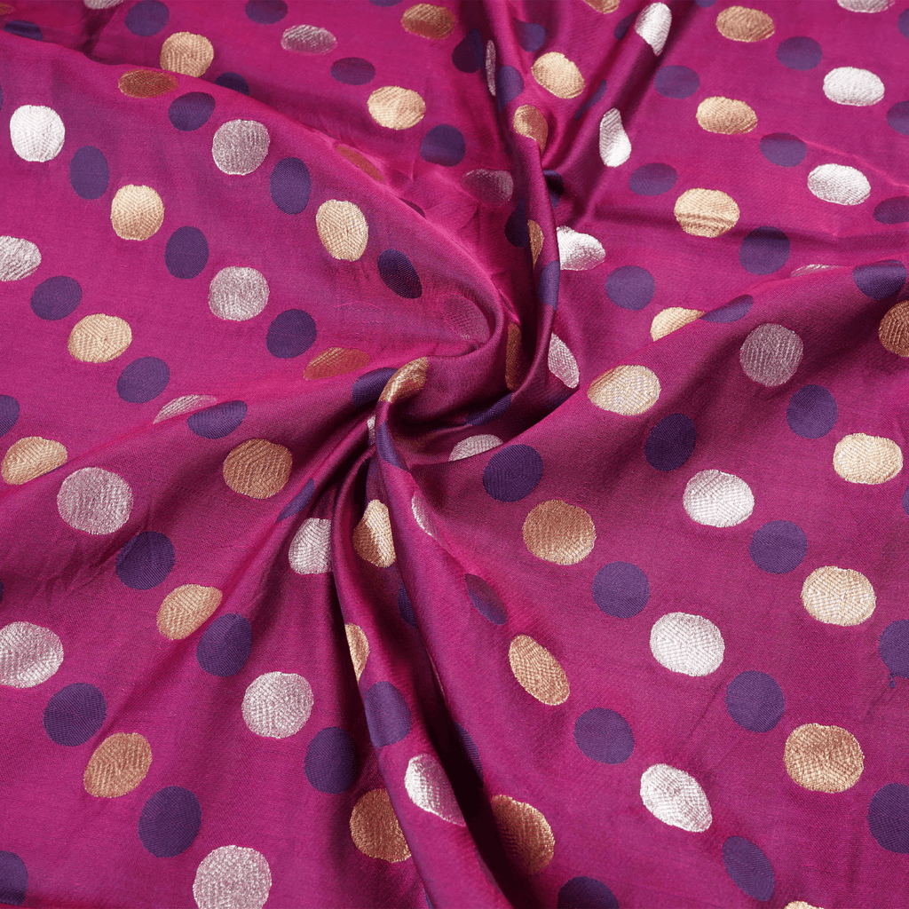 Sikra – Satin Jamawar Fabric with Circular Coin Motif (Golden & Silver Zari) - Zahra Maham