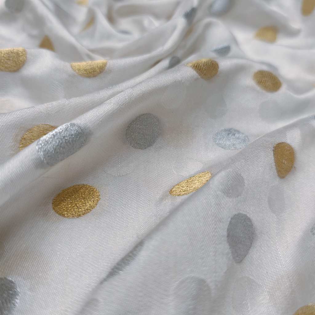 Sikra – Satin Jamawar Fabric with Circular Coin Motif (Golden & Silver Zari)