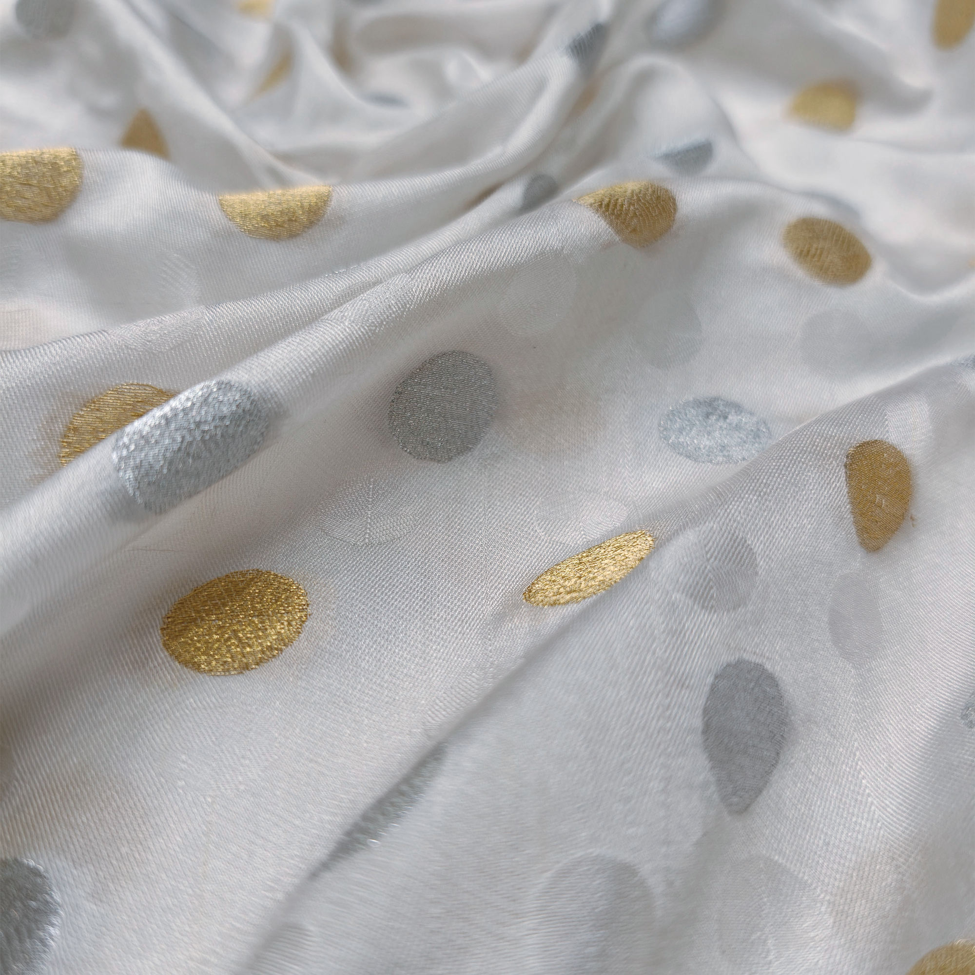 Sikra – Satin Jamawar Fabric with Circular Coin Motif (Golden & Silver Zari)