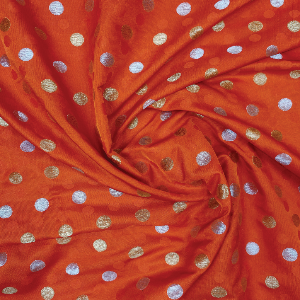 Sikra – Satin Jamawar Fabric with Circular Coin Motif (Golden & Silver Zari)