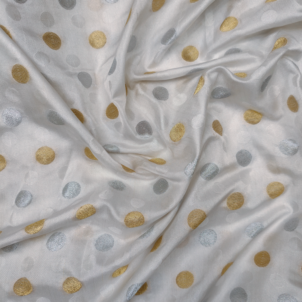 Sikra – Satin Jamawar Fabric with Circular Coin Motif (Golden & Silver Zari)
