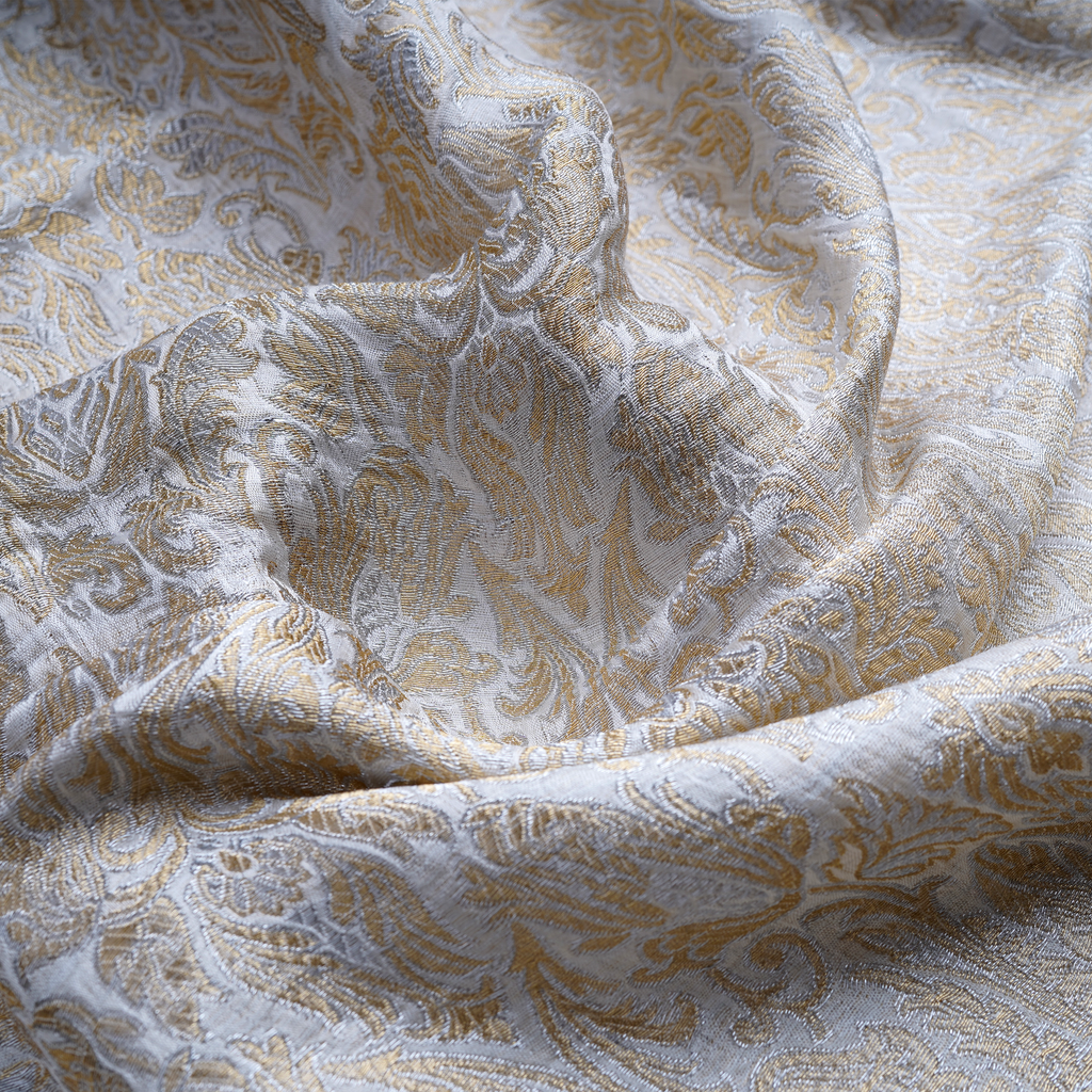 Naqsh-e-Sultaana – Pure Katan Atlas (Mughal Pattern | 3-Color Thread | Golden & Silver Zari)