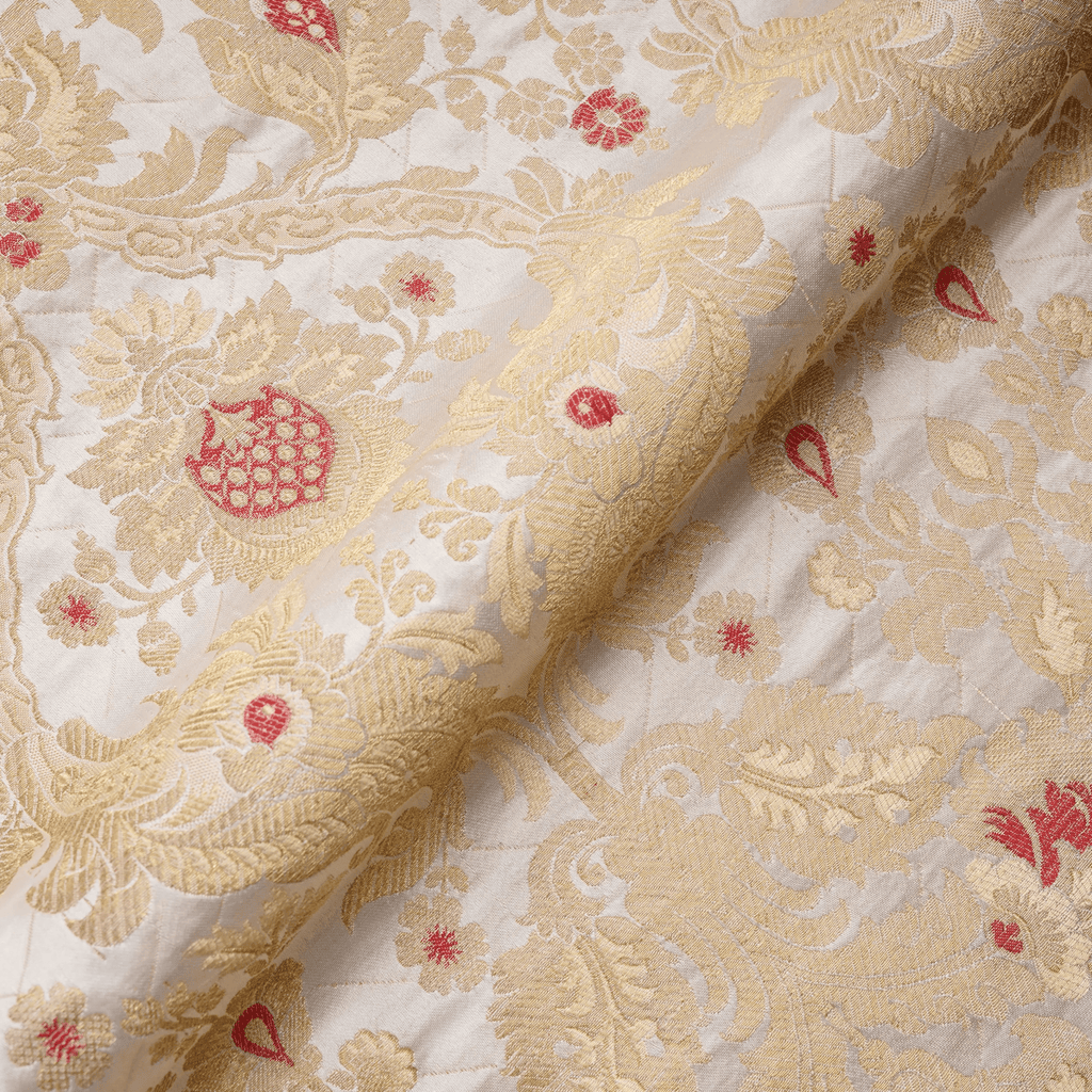 Taj-e-Naksh – Pure Katan Satin (3-Color Thread | Mughal Pattern with Golden Zari) - Zahra Maham