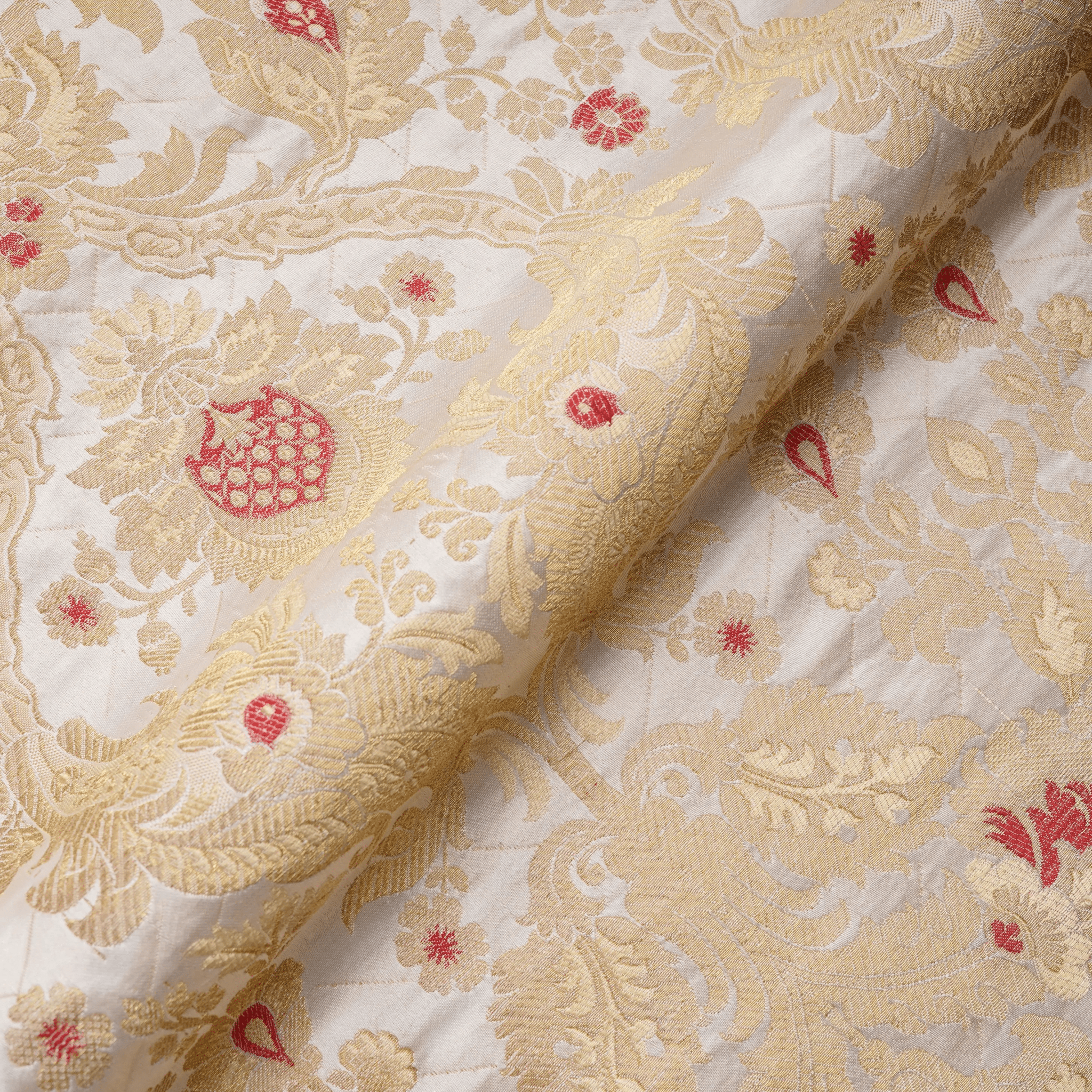 Taj-e-Naksh – Pure Katan Satin (3-Color Thread | Mughal Pattern with Golden Zari) - Zahra Maham
