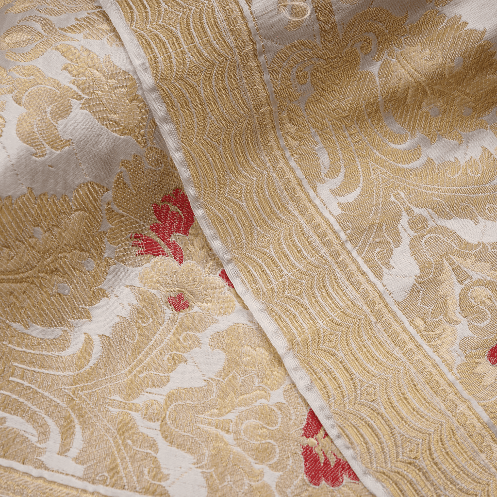 Taj-e-Naksh – Pure Katan Satin (3-Color Thread | Mughal Pattern with Golden Zari) - Zahra Maham