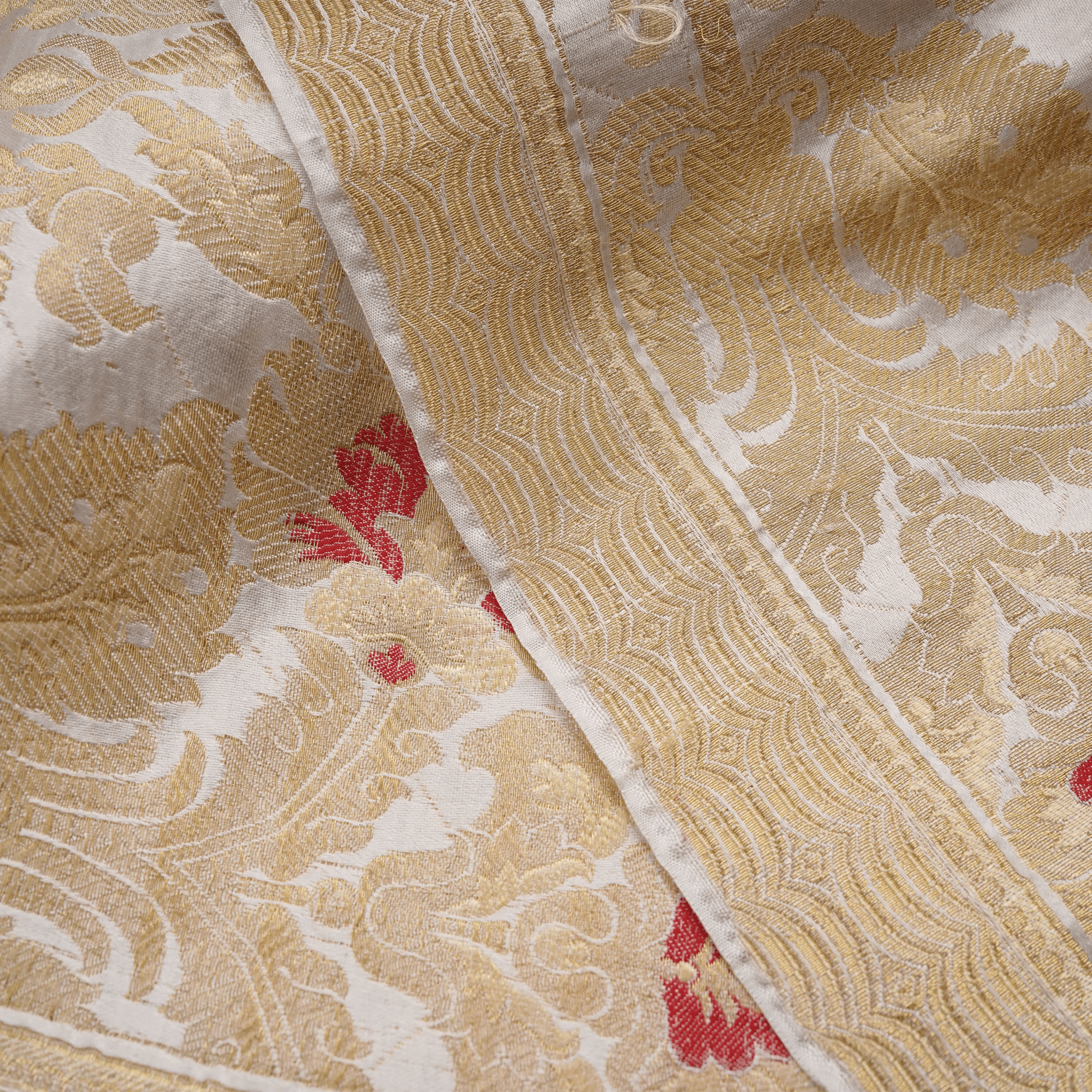 Taj-e-Naksh – Pure Katan Satin (3-Color Thread | Mughal Pattern with Golden Zari) - Zahra Maham