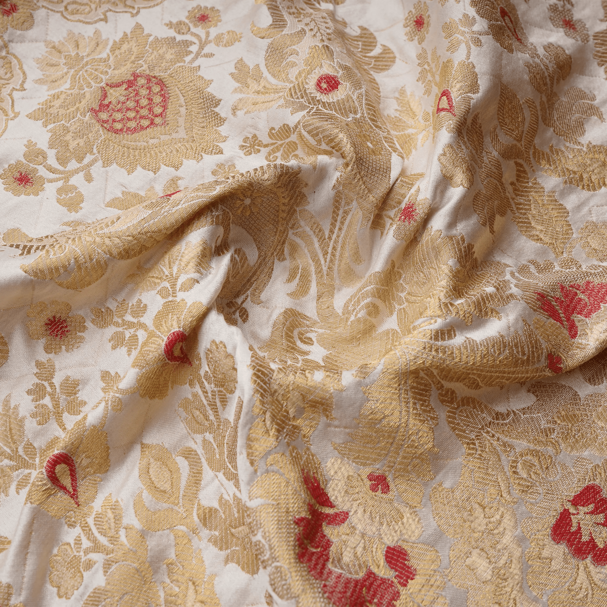 Taj-e-Naksh – Pure Katan Satin (3-Color Thread | Mughal Pattern with Golden Zari) - Zahra Maham