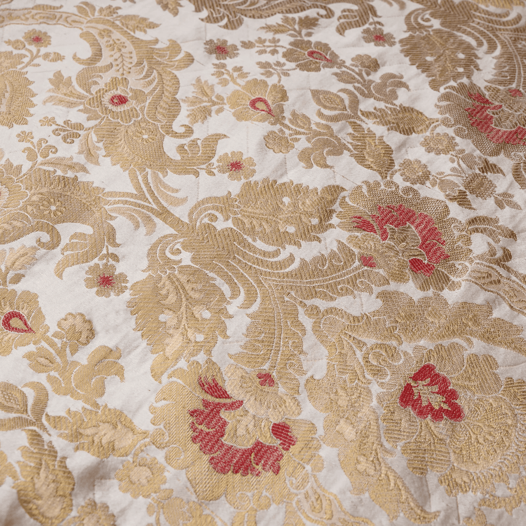 Taj-e-Naksh – Pure Katan Satin (3-Color Thread | Mughal Pattern with Golden Zari) - Zahra Maham