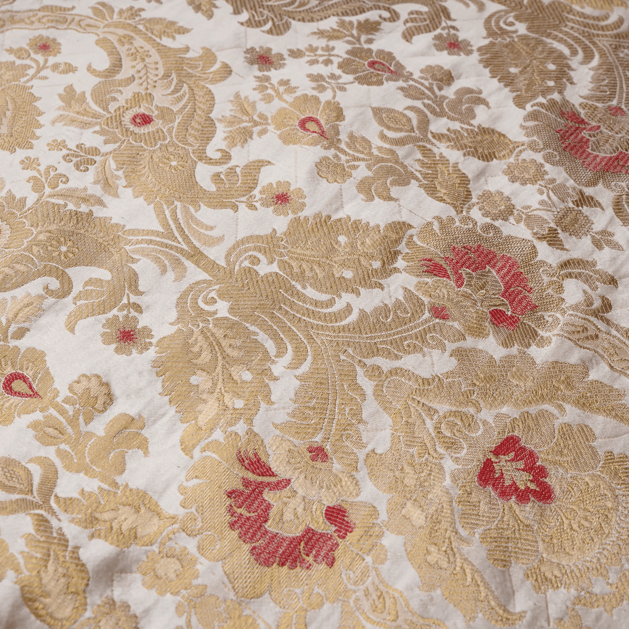 Taj-e-Naksh – Pure Katan Satin (3-Color Thread | Mughal Pattern with Golden Zari) - Zahra Maham