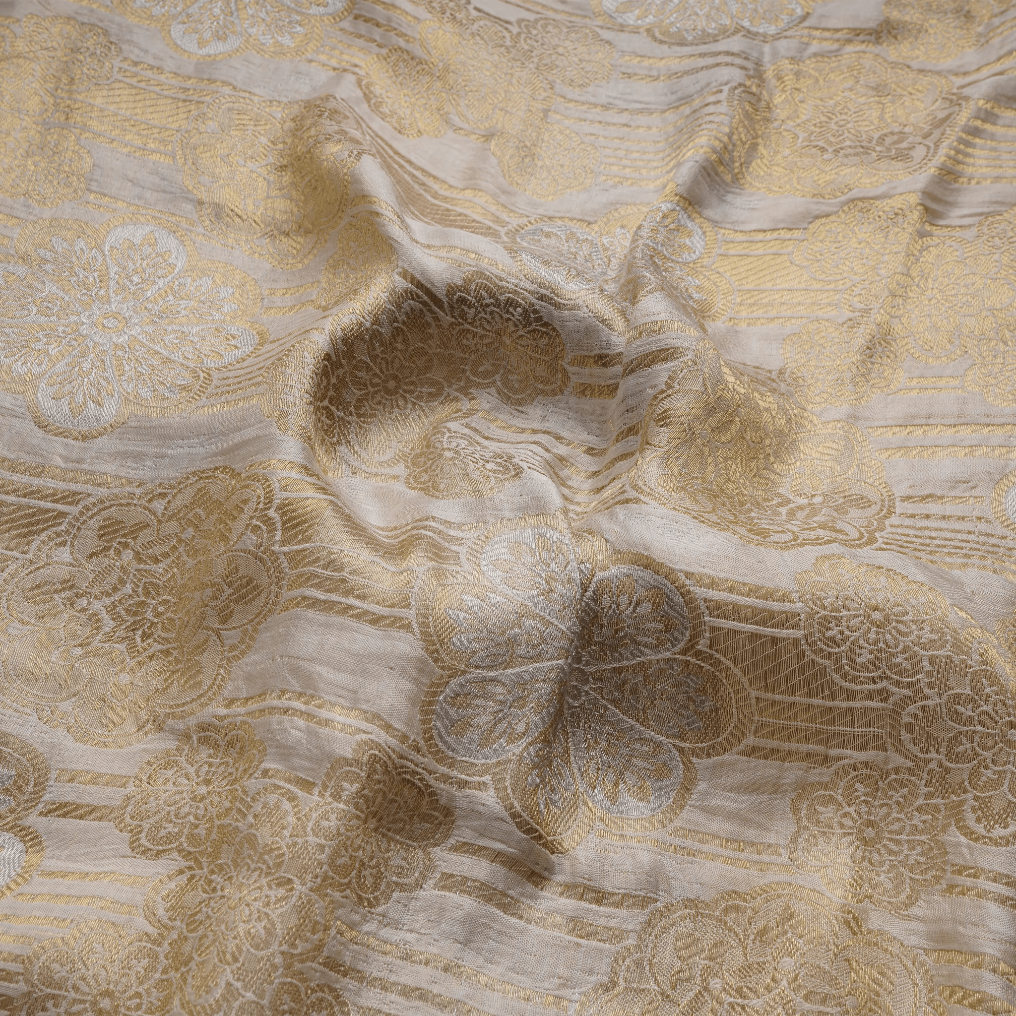 Tanzeem-e-Aali – Pure Katan Atlas (Mughal Pattern | 3-Color Thread | Golden Zari) - Zahra Maham
