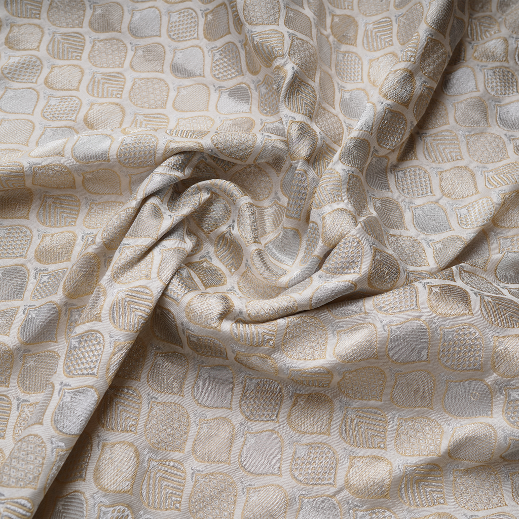 Minar-e-Zar – Pure Katan Atlas (Taj Minara Buti | 3-Color Thread | Golden & Silver Zari)